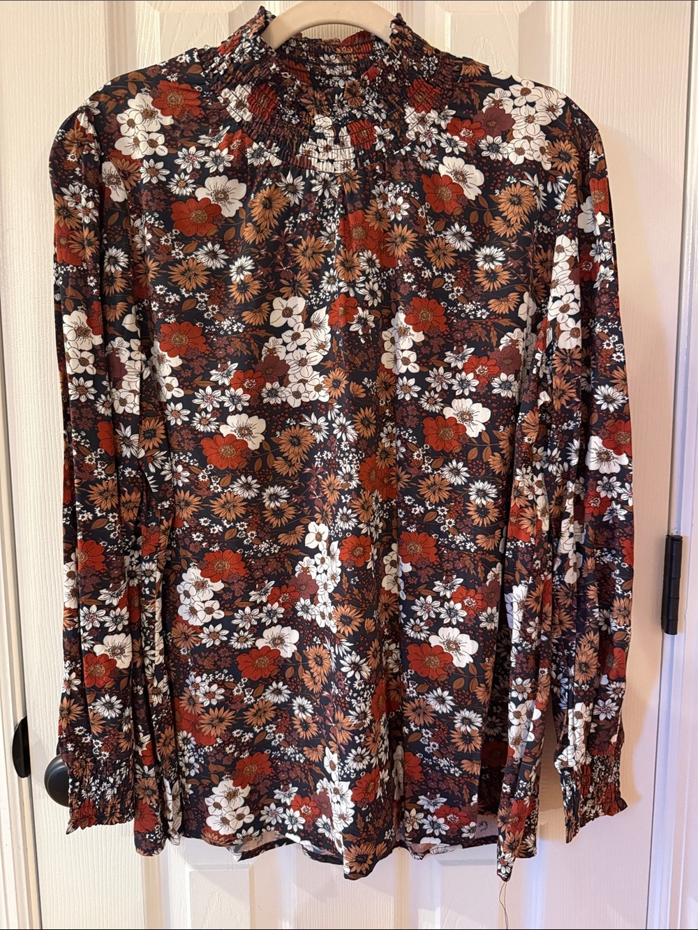 Alexander Jordan Floral Long-Sleeve Smocked Neck Blouse - Brown, Rust & White